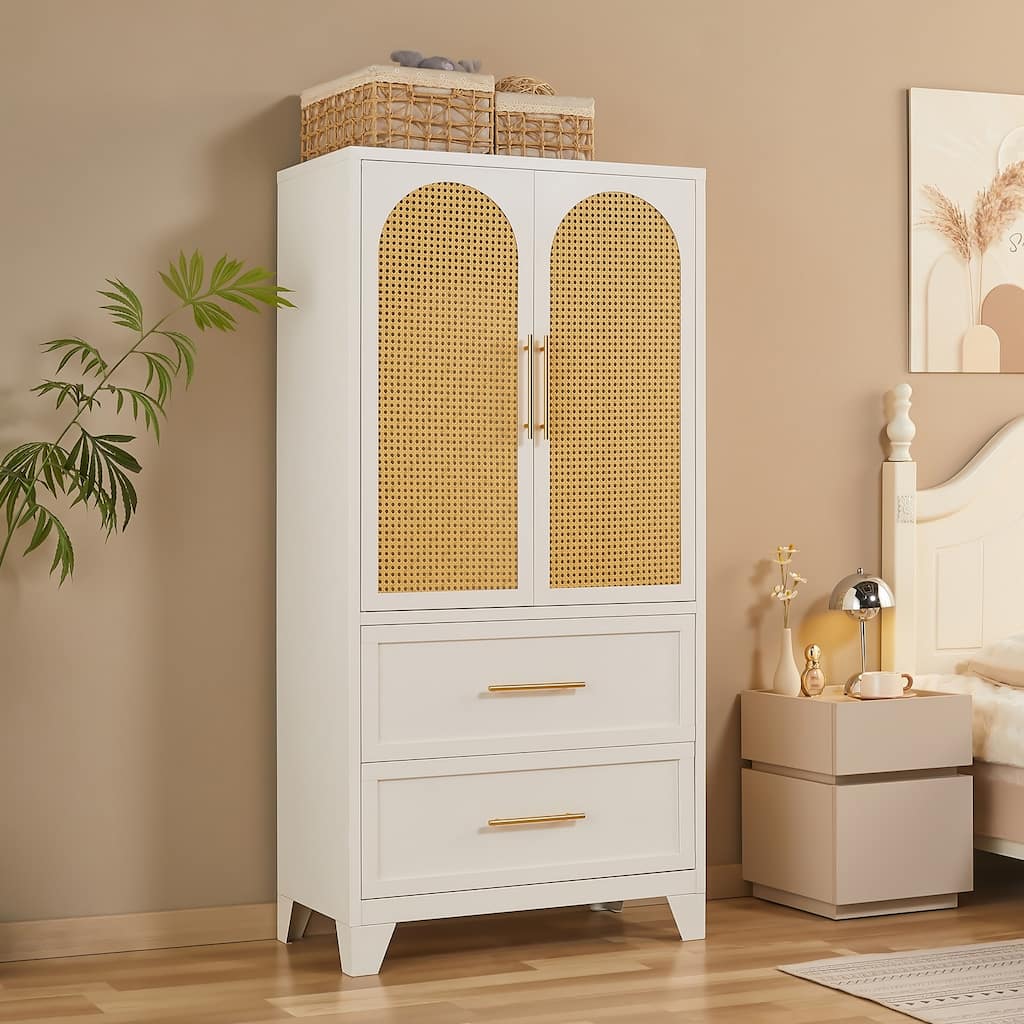 Rattan Armoire Wardrobe Closet Cabinet with Drawer & Hanging Rod - 65"H x 31.5"W x 17.7"D