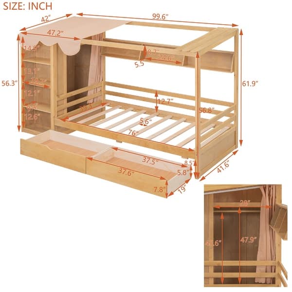 dimension image slide 1 of 3, Wooden Twin Size Semi-enclosed House Daybed Frame with Built-in wardrobe(with Curtain), Side Compartments, Drawers and Shelves