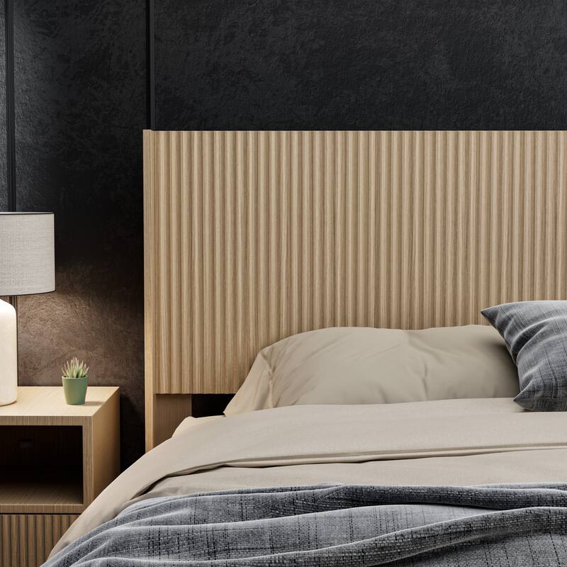 King Size Natural Oak Wood Headboard with Fluted Panel Wingback Design, 80.2 Inches Wide