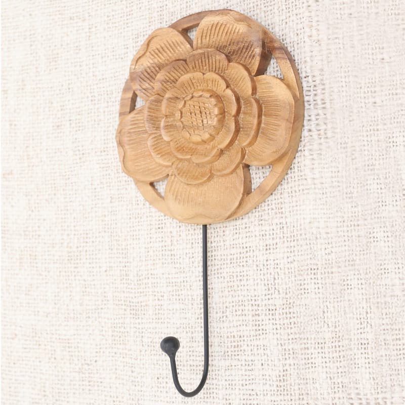 NOVICA Handmade Lotus Bloom Wood Wall Hook - 10.25" H x 6" W x 2" D