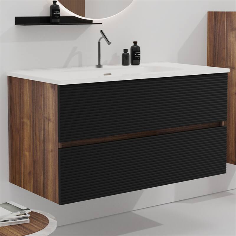 24"/30"/36" Wall Mounted Bathroom Vanity w/ Ceramic Sink with Overflow
