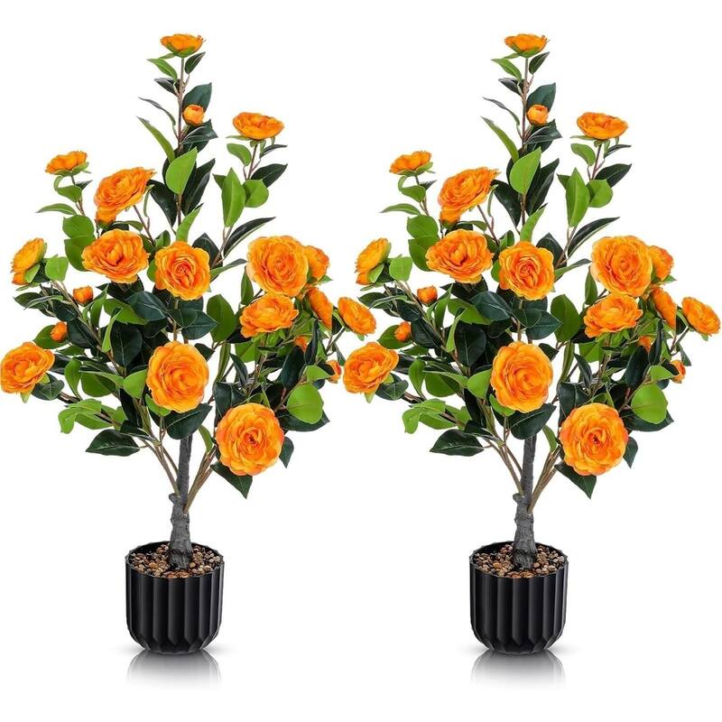 Artificial Camellia Tree 2 Pack, 36"Faux Camellia Plant in Pot with Orange Flowers, Greenery Potted Plant for Indoor Outdoor
