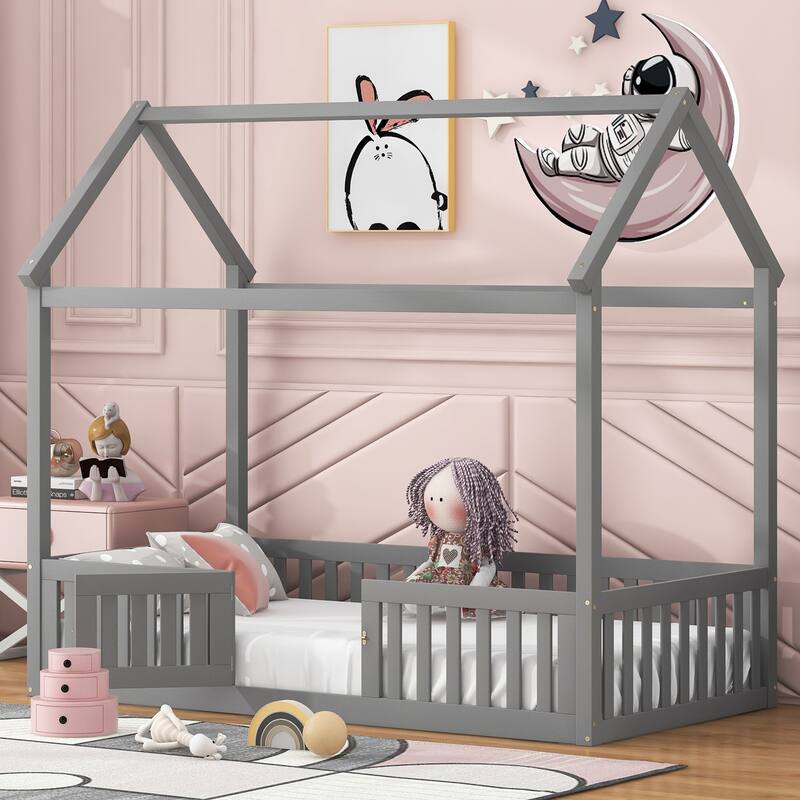 Wood House Bed without Slats, House Shaped Floor Bed Frame with Fence and Door, Solid Pine Kids Playhouse Bed with Roof