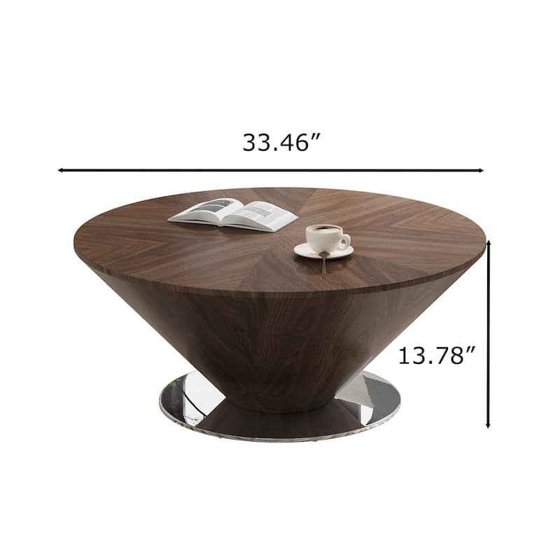 33.46" Mid Century Round Coffee Table,Brown Solid Wood Veneer Table top