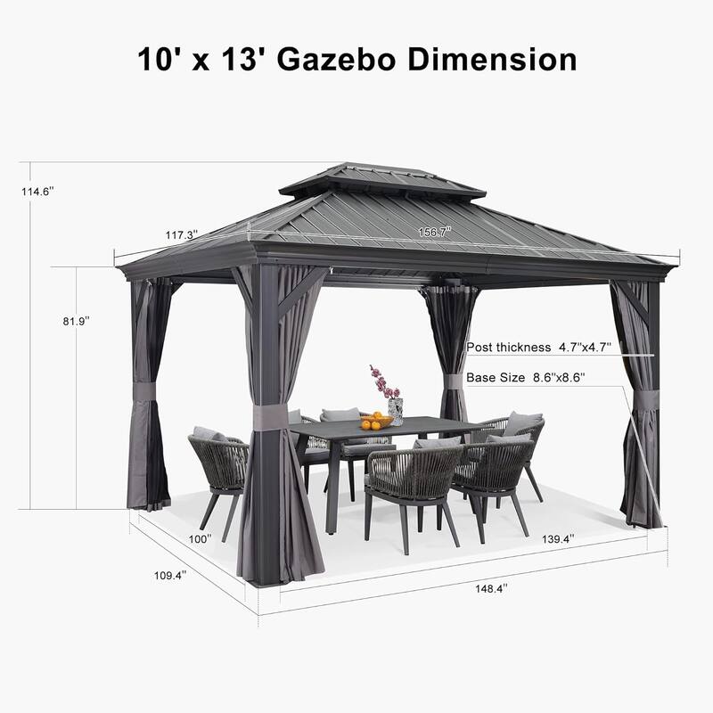 PURPLE LEAF Outdoor Galvanized Steel Hardtop Gazebo, Aluminum Frame Gazebo With Curtains