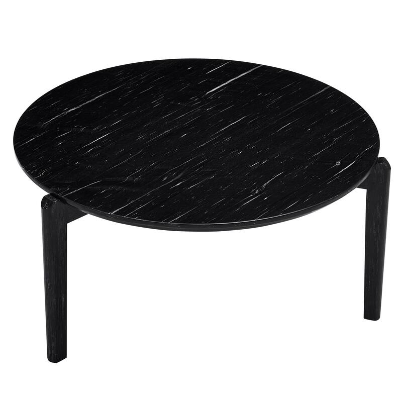 Living Room Coffee Table,36 Inch Round Small Coffee Table,Imitation Marble Tabletop With Rubber Wood Legs,Wooden Coffee Table