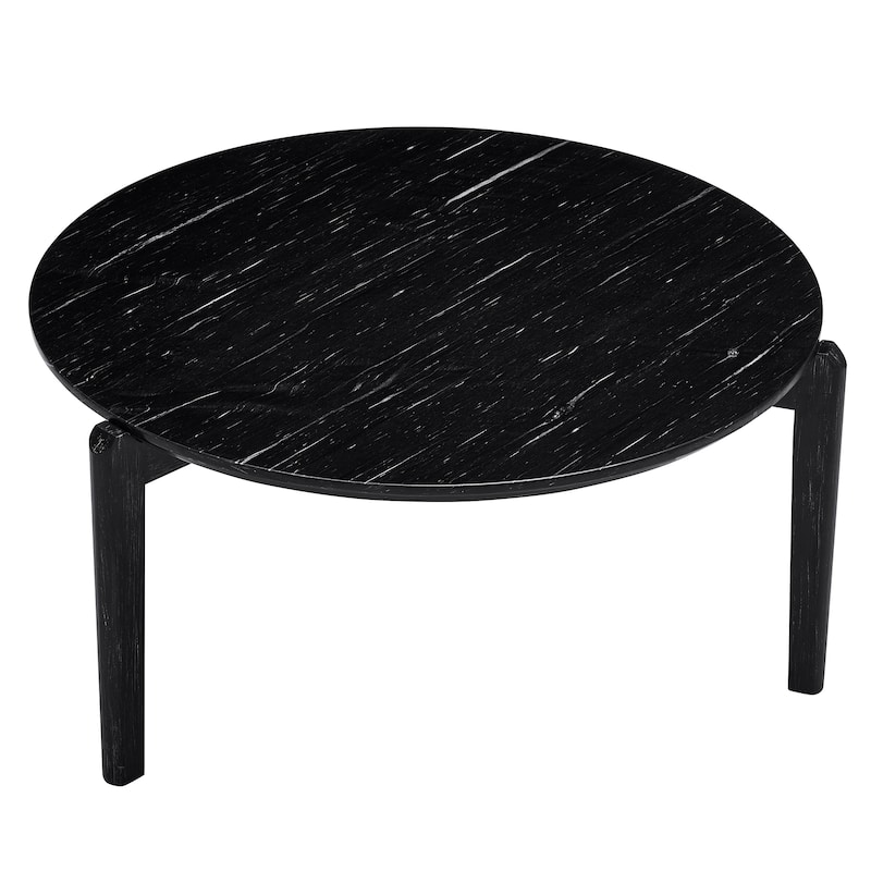 Modern 36-Inch Round Coffee Table-Stylish Imitation Marble Top with Solid Rubber Wood Legs-Elegant Wooden Center Table