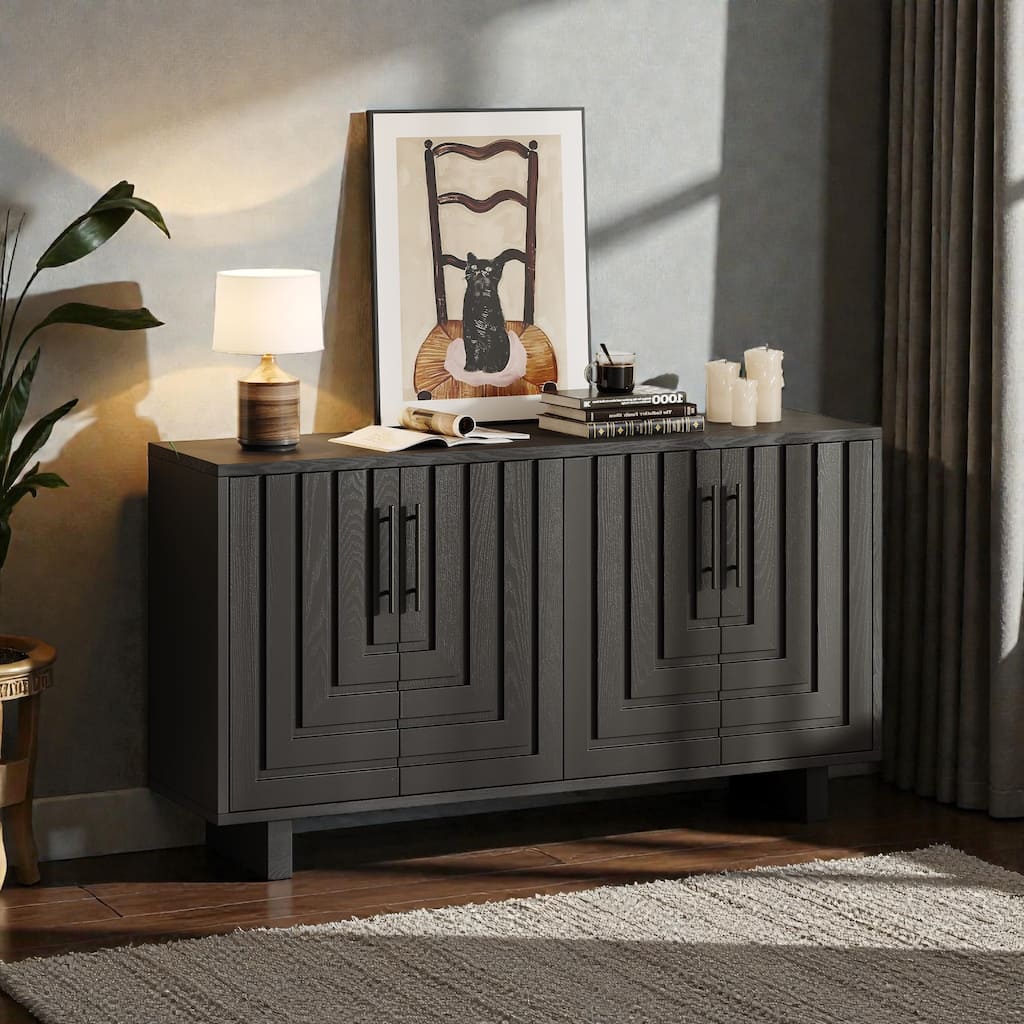 59'' Modern Black Sideboard Buffet Cabinet with 4 Doors, MDF & Ash Veneer Storage Console with Metal Handles