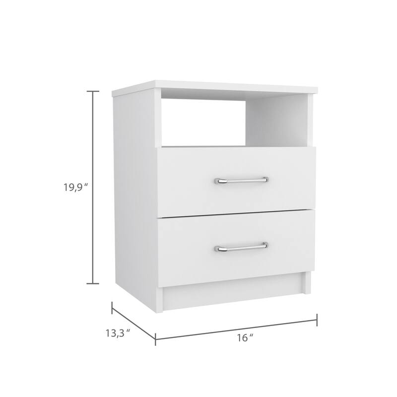 Compact Nightstand with Two Drawers and Shelf, White, Space-Saving Design