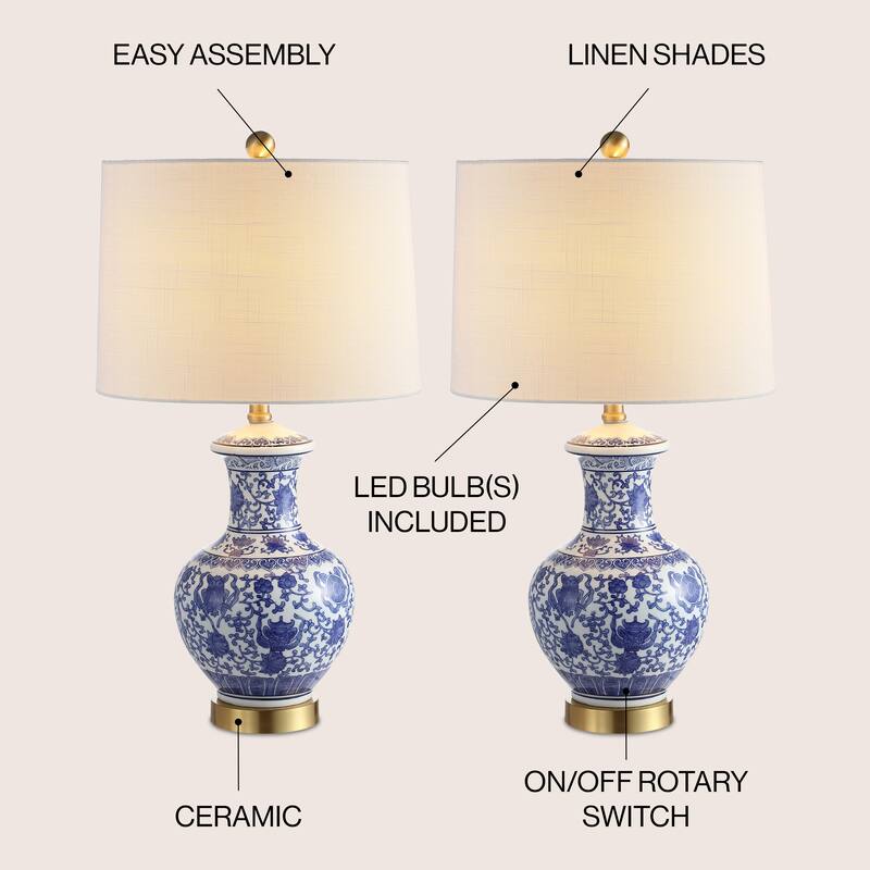 Gemma 25.25" Ceramic/Metal LED Table Lamp, Blue/White (Set of 2) by JONATHAN Y