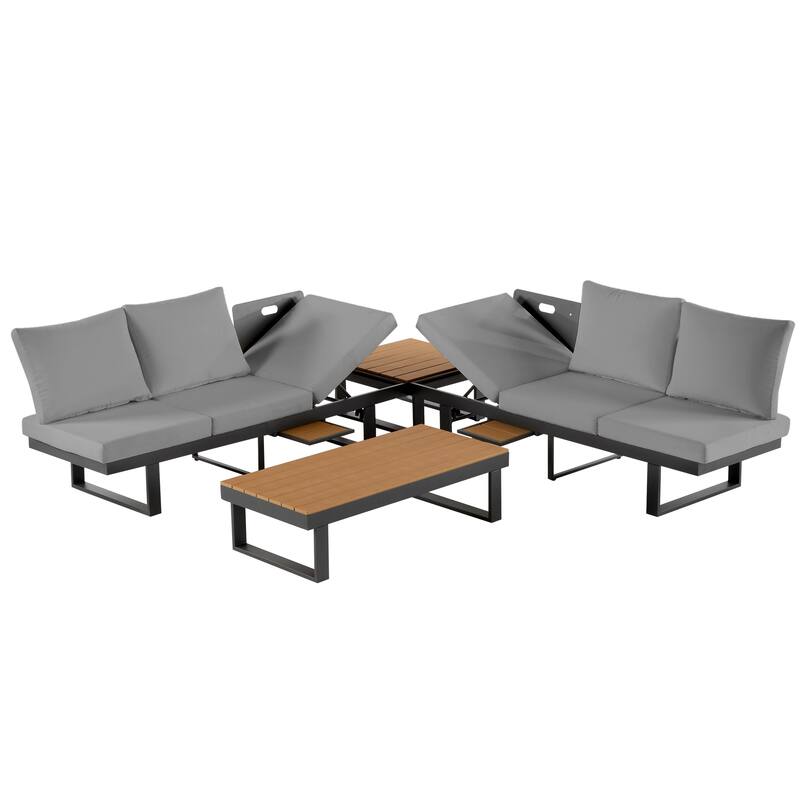 Outdoor Patio Conversation Sofa Set L-shape Sectional Sofa Set with Adjustable Reclining Seats, Coffee Table, Side Table