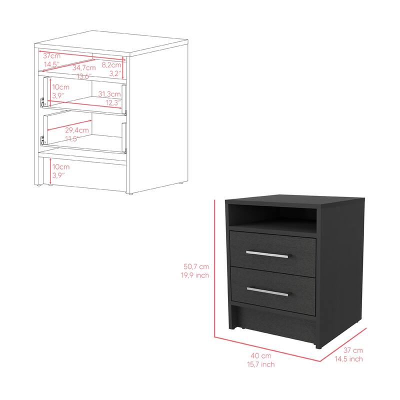 Two-Drawer Nightstand with Open Shelf, Black Wengue Finish, Metallic Handles