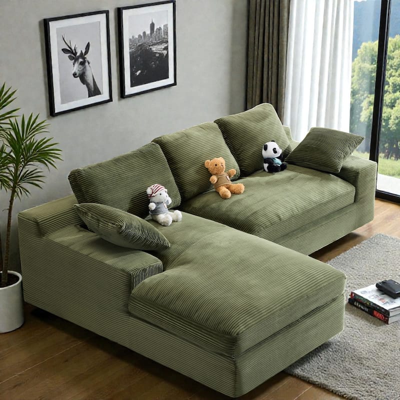 Corduroy Compressed Sofa Couch with 3 Back Cushions and 2 Throw Pillows, Soft Cloud Sofa for Living Room