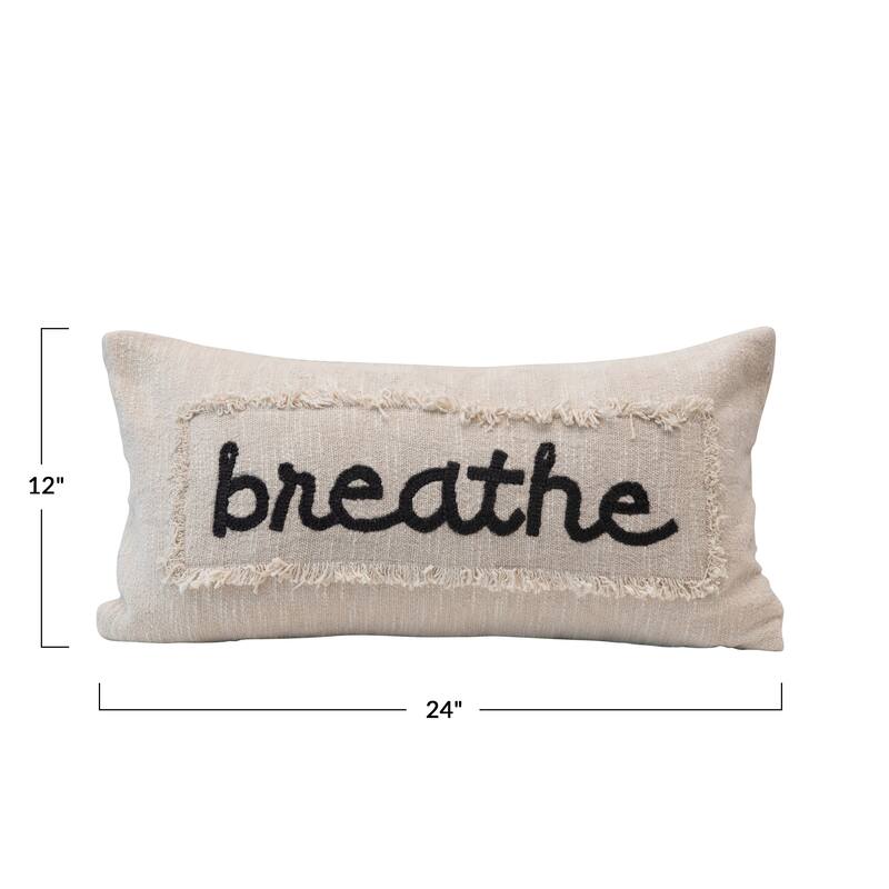 Embroidered Cotton Pillow "Breathe" with Eyelash Fringe, Cream & Charcoal Color