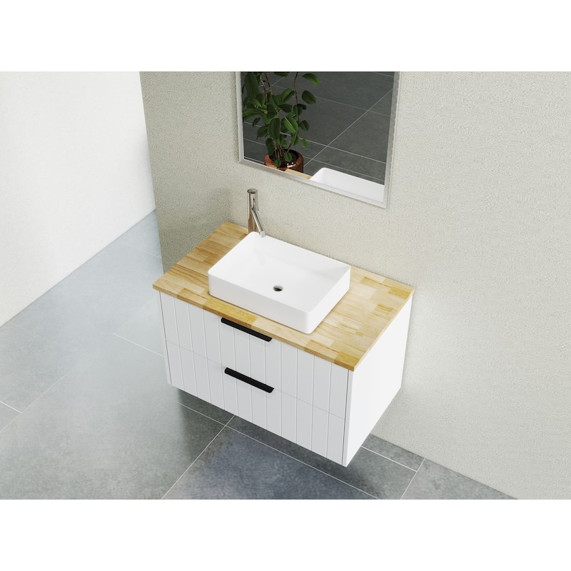 GDFStudio - 32-Inch Wall-Mounted Bathroom Vanity, Solid Wood Natural Top, Square Art Ceramic Sink