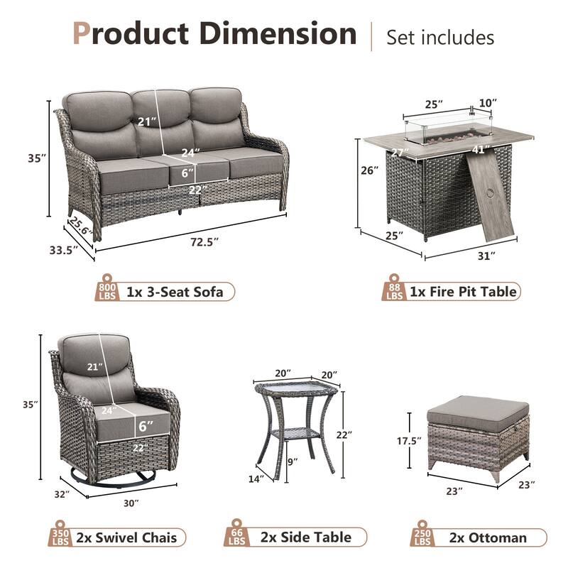 Pocassy 7 Pieces Outdoor 6 Inch Sofa Swivel Chair Ottoman with Fire Table