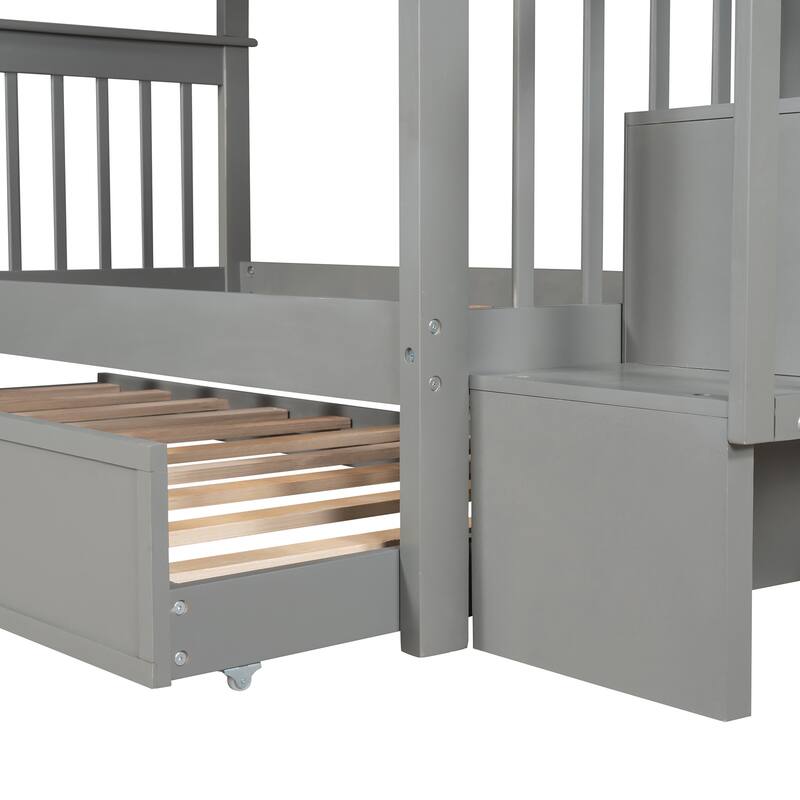 Stairway Twin Over Twin Bunk Bed with Twin Size Trundle & Stairs Storage, Detachable Solid Wood Triple Bedframe, for Kids Teens