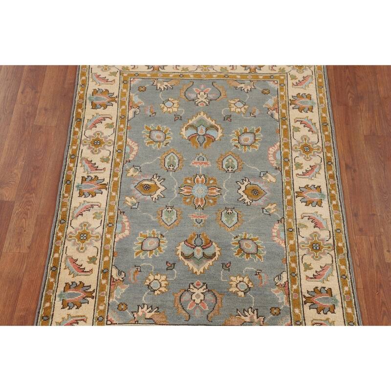Gray Floral Oushak Accent Rug Handmade Wool Carpet - 3'4" x 4'9"