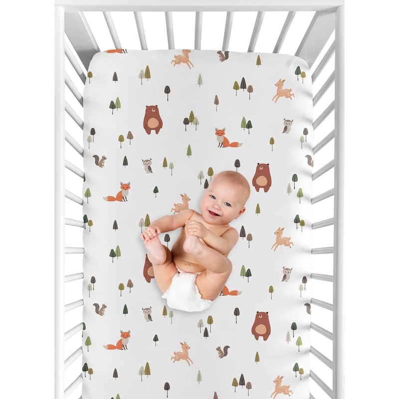 Sweet Jojo Designs Woodland Animals Boy Girl Gender Neutral Fitted Crib Sheet Green Beige Watercolor Forest Animal Brown Bear