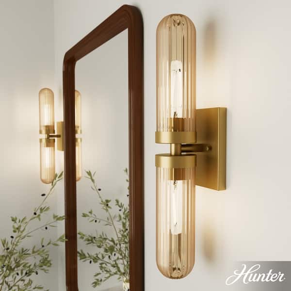 slide 2 of 7, Hunter + Jasmine Roth Beverly Glen Luxe Gold Amber Glass 2-Light 24" Bathroom Vanity Wall Light - Transitional - Damp Rated