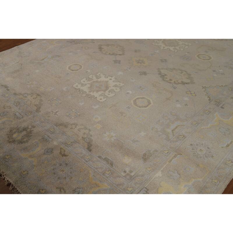 Geometric Beige Oushak Indian Area Rug Hand-Knotted Wool Carpet - 7'10"x 9'10"