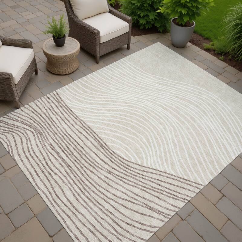 Machine Washable Indoor/ Outdoor Modern Arches Chantille Rug - Beige - 9' x 12'