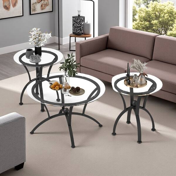 3-Piece Rustic Glass Round Coffee Table Set - Bed Bath & Beyond - 43570293