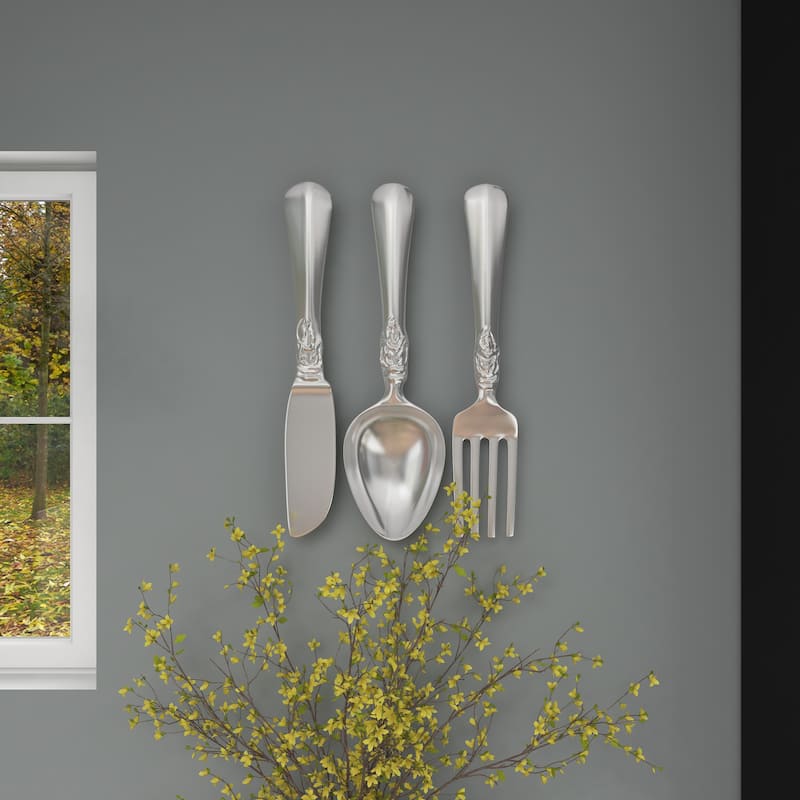 Aluminum Metal Large Knife, Spoon, and Fork Utensils Wall Decor (Set of 3) - Silver or Copper