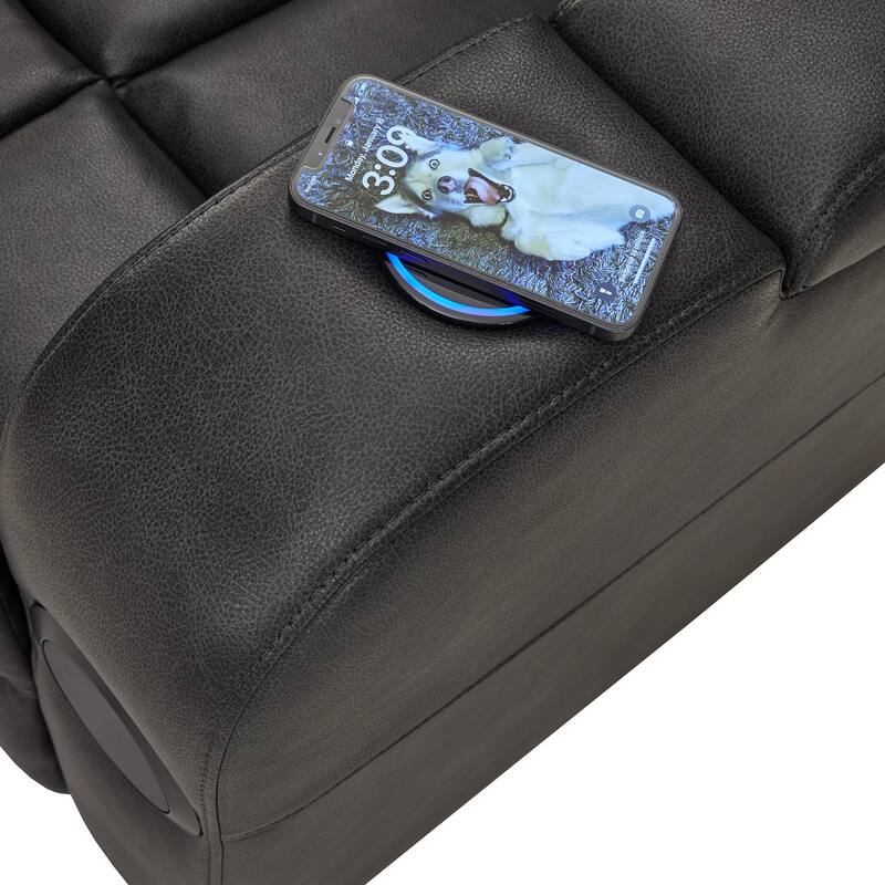 Terlingua Gray Vegan Leather LED Power Recliner with Speaker, Storage, USB and Wireless Charger by iNSPIRE Q Classic