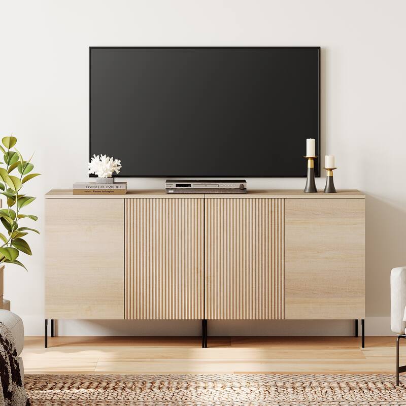 31.5" Modern Reeded TV Stand With Doors, Entertainment Center With Shelf, Wooden TV Console  - 2PCS - Beige