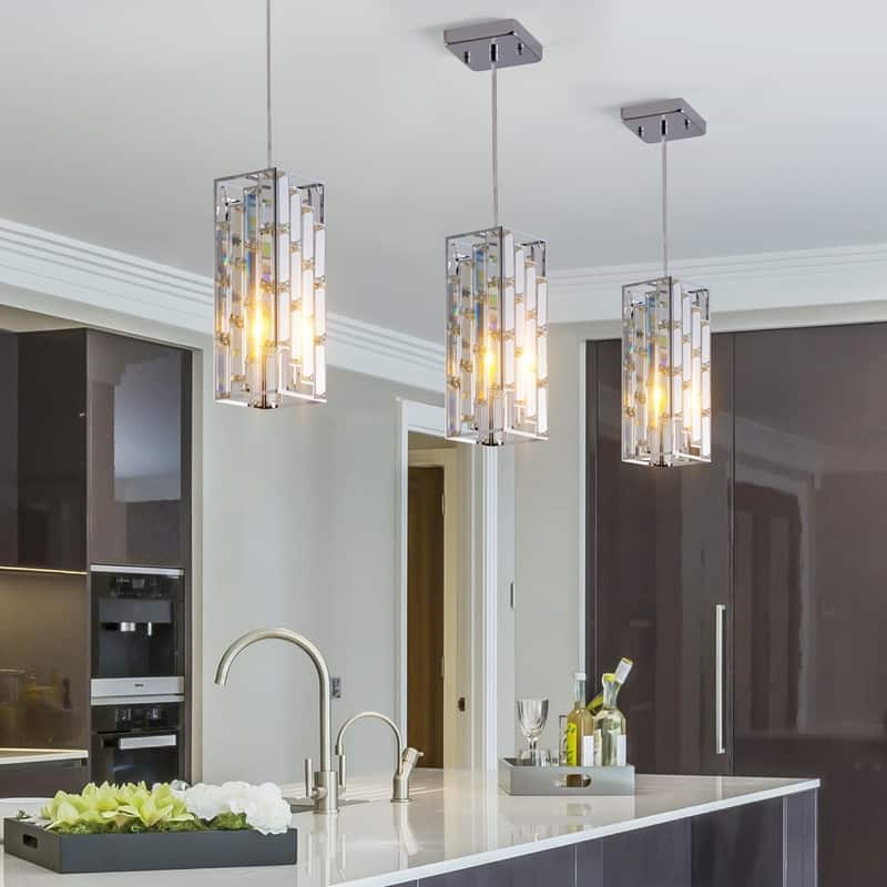 3-Pack Modern Crystal Pendant Lights – 4" Adjustable Hanging Lamps with Prism Design for Kitchen Island, Dining Room. - Chrome