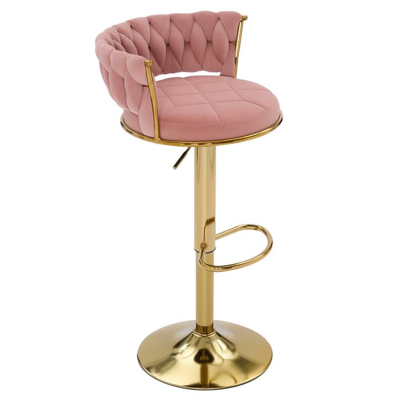 Javlergo Bar Stools Set of 4, Velvet Swivel Bar Stools, Adjustable Height Barstool with Woven Back & Footrest