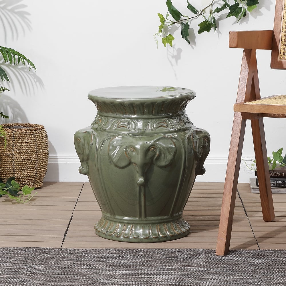Anita 18" Classic Vintage Ceramic Indoor/Outdoor 4-Elephant Garden Stool, By