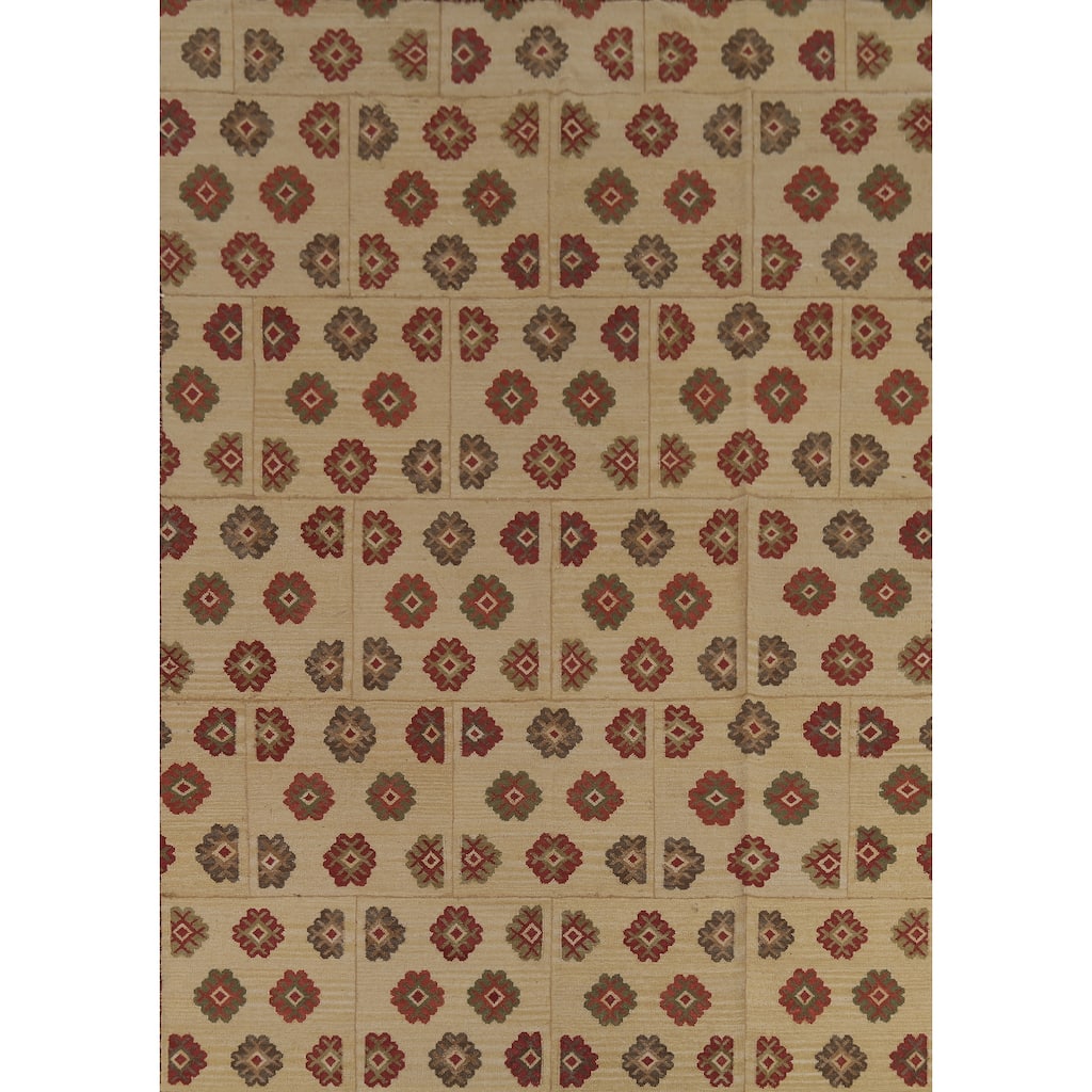 Kilim Oriental Area Rug Hand-Woven Beige Wool Carpet - 7'6"x 9'10"