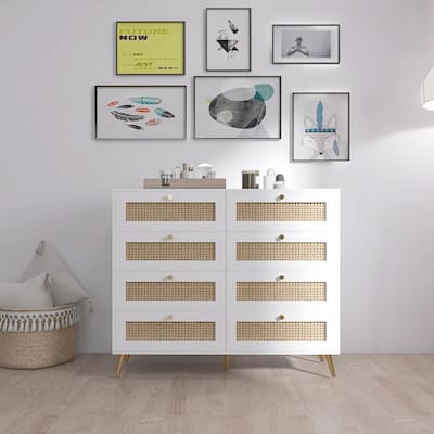 8-Drawer Chest of Drawers with Rattan Drawer Fronts, Golden Legs, and Handles