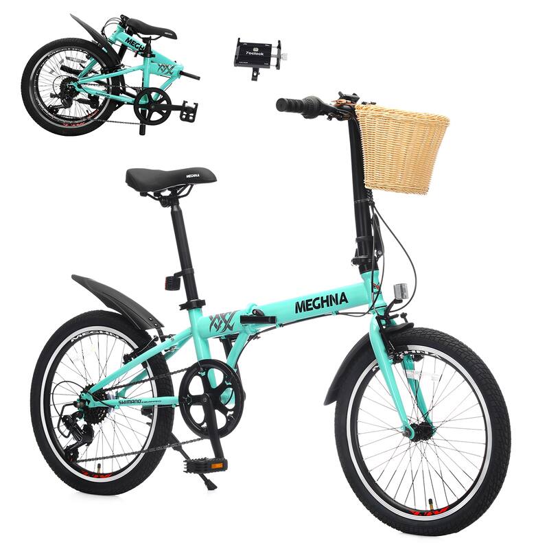 20 Inch Folding Bike, 6-Speed City Commuter Bicycle with Basket & Dual V-Brake, Portable Compact Bicycle, Steel Frame for Teens