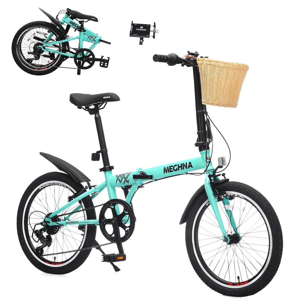 Folding City Bike - Steel Frame, 6-Speed, Basket, Phone Holder, Fenders, Dual V-Brake, Portable, Unisex Adult - 20