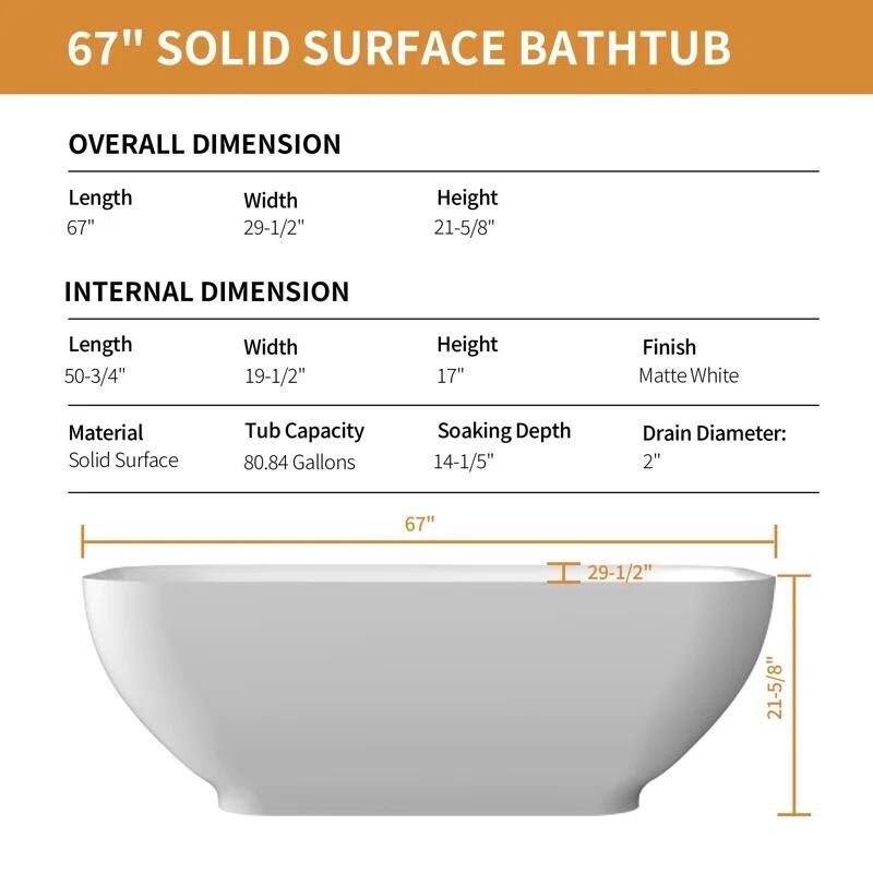 ABRUZZO 67" Solid Surface Freestanding Soaking Bathtub cUPC Certified with Overflow & Pop-Up Drain