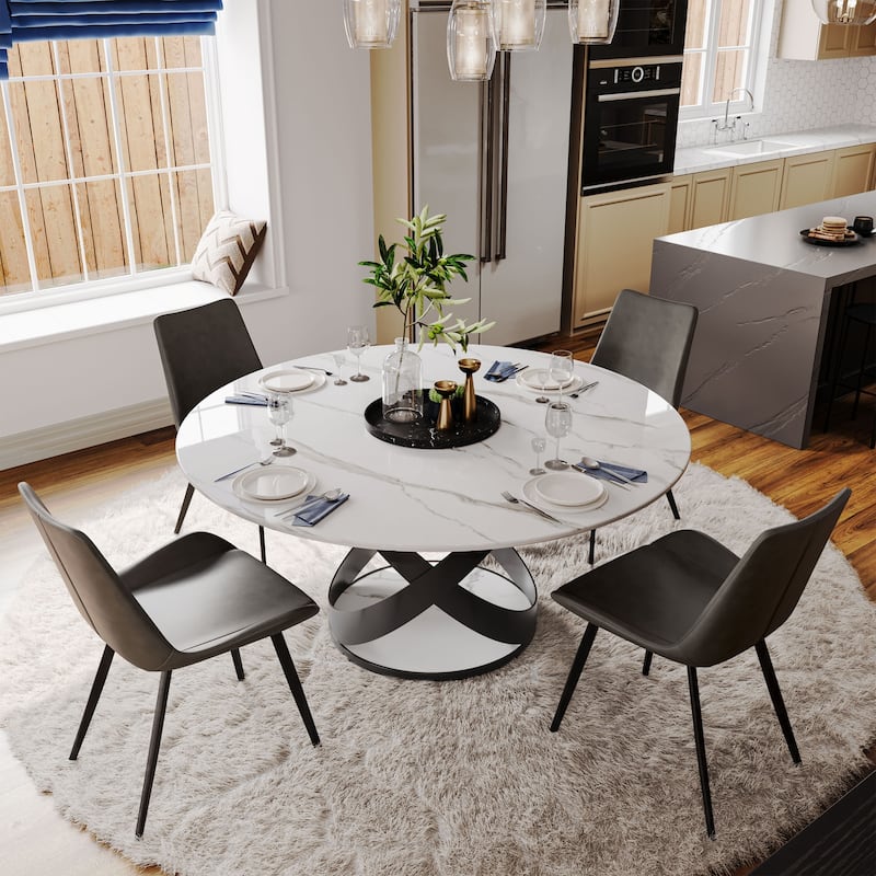 Modern Round White Glossy Dining Table with Sintered Stone Tabletop and Black X Carbon Steel Base