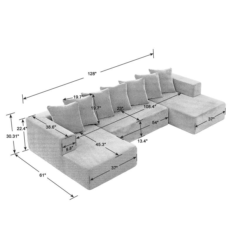 Blue 128" Modular U-Shaped 4-Seater Sectional Sofa Set in Luxurious Chenille Fabric with 2 Chaise Lounges, Plush Cloud Design