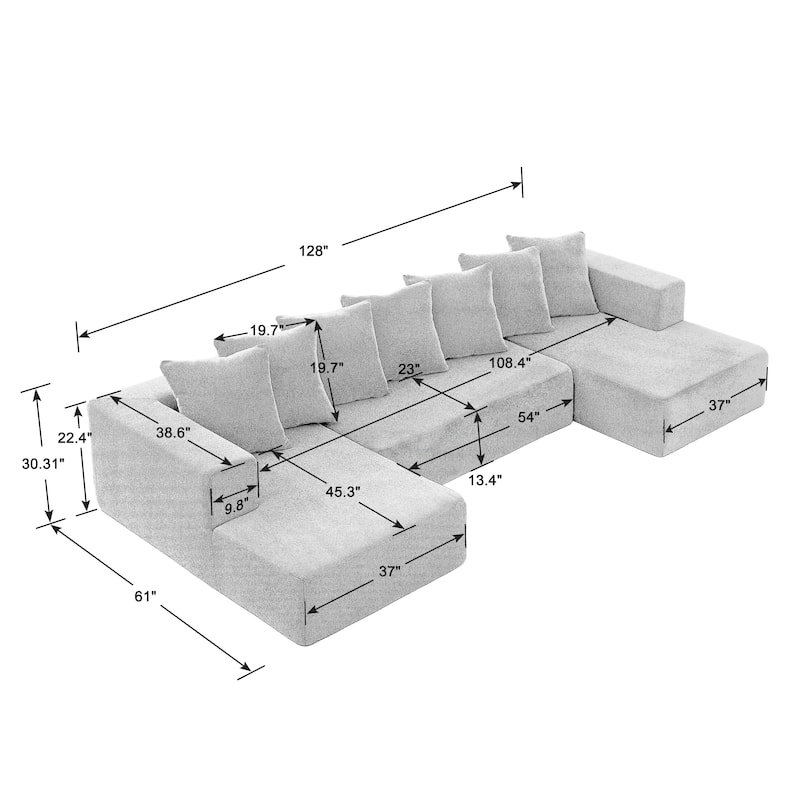Blue Chenille U-Shaped Sectional Sofa, 128x61x32 inch, 158 lbs