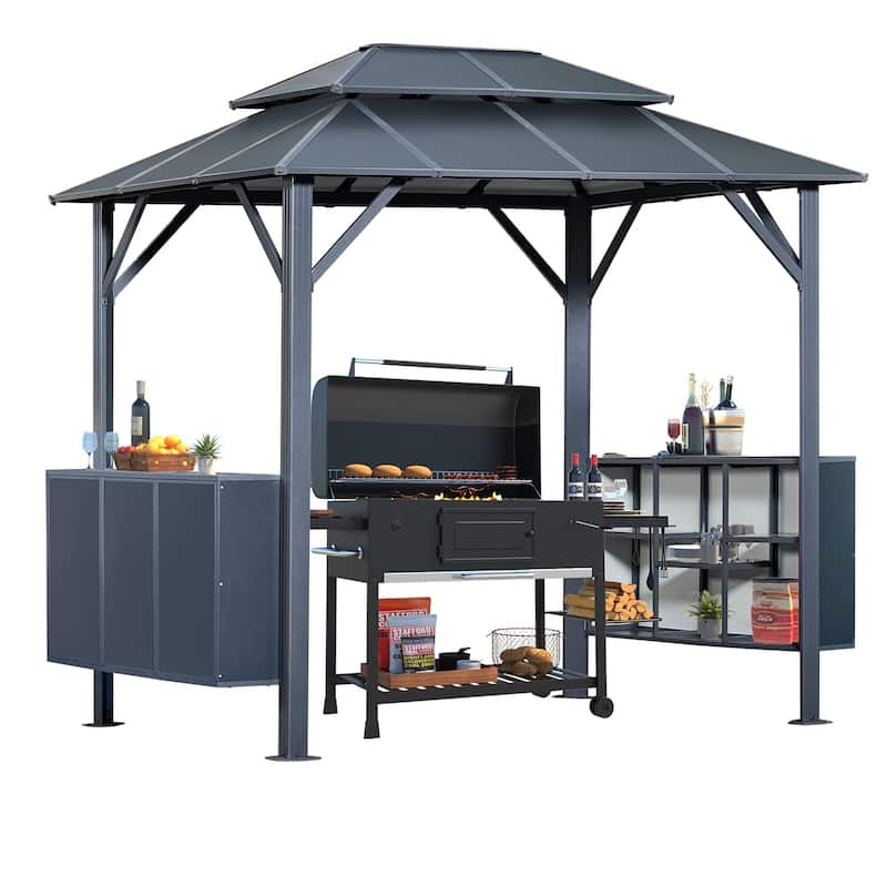 Grill Gazebo with Bar & Shelves, Double Roof BBQ Canopy for Patio, Wind & Weather-Resistant Outdoor Grill Shelter Tent