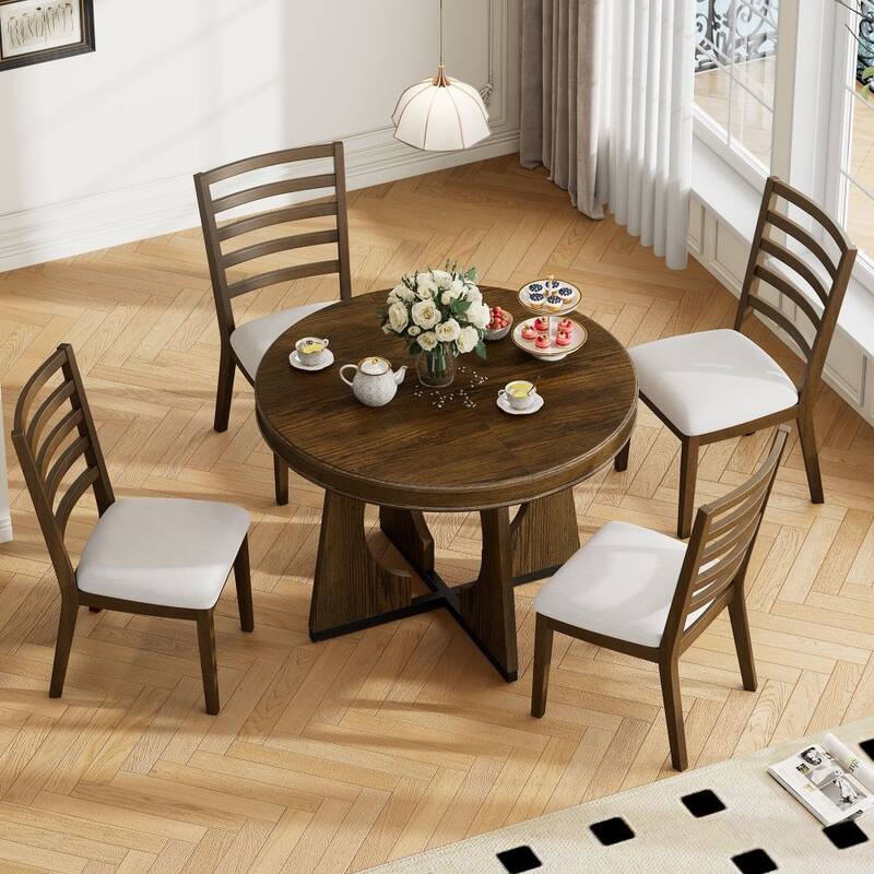 5-Piece Solid Wood Retro Rustic Functional Dining Set with 16" Removable Middle Leaf