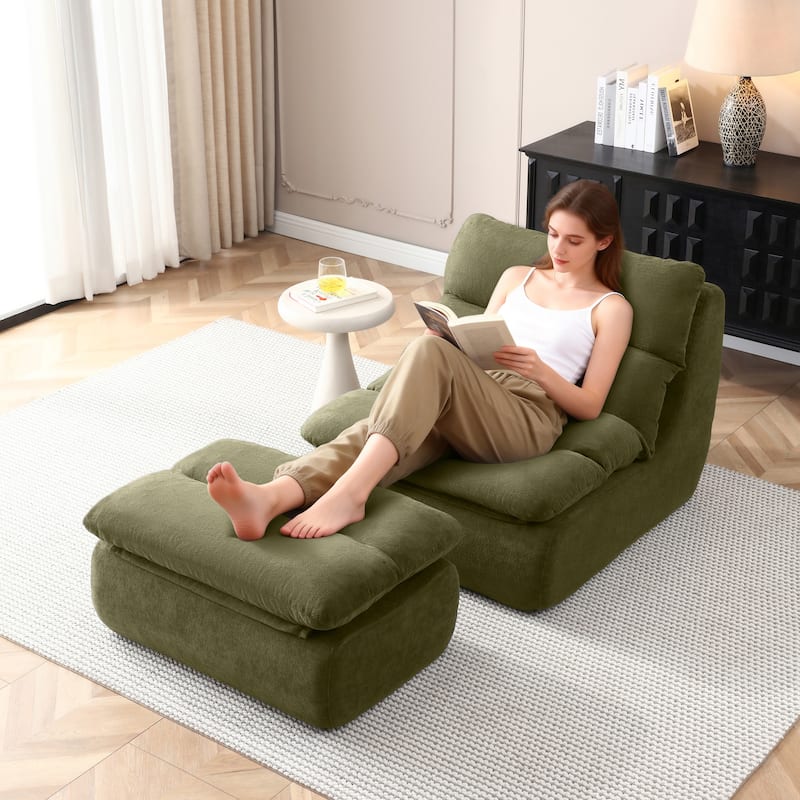 32"Bean Bag Chair with Ottoman, Big Chaise Lounge Chairs for Adults,Tufted Upholstered Lazy Sofa