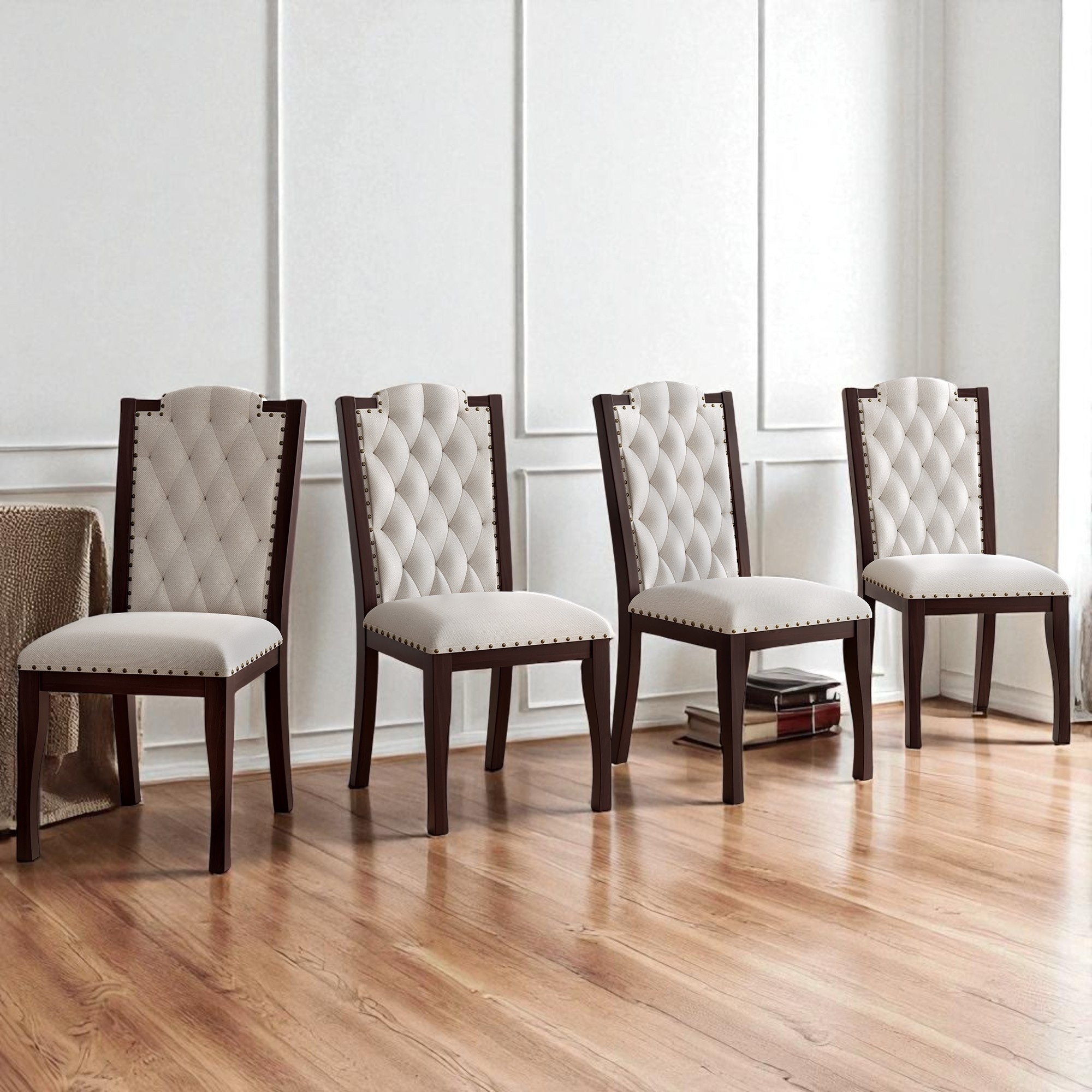 Set of 4 Upholstered Dining Chairs, High Back Tufted Linen Kitchen Chairs with Nailhead Trim and Solid Wood Legs for Dining