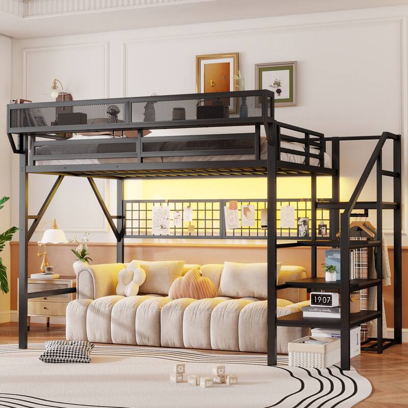Queen/Full Loft Bed with Stairs, Storage & Wardrobe, Metal High Loft Bed with Lighting