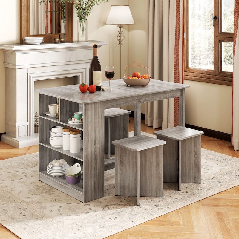 5-Piece Space-Saving Dining Set with 4 Stools and Storage Shelves Ideal for Apartments or Breakfast Nooks - Grey