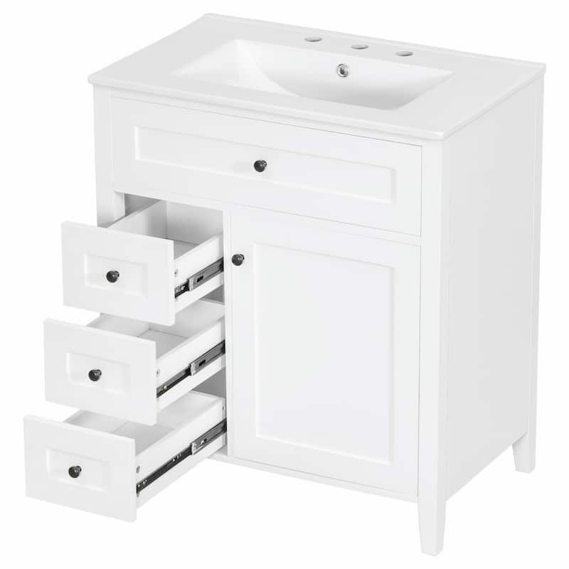 Bathroom Vanity with Sink, Modern MDF and Rubberwood Cabinet with 3 Drawers and Adjustable Shelf