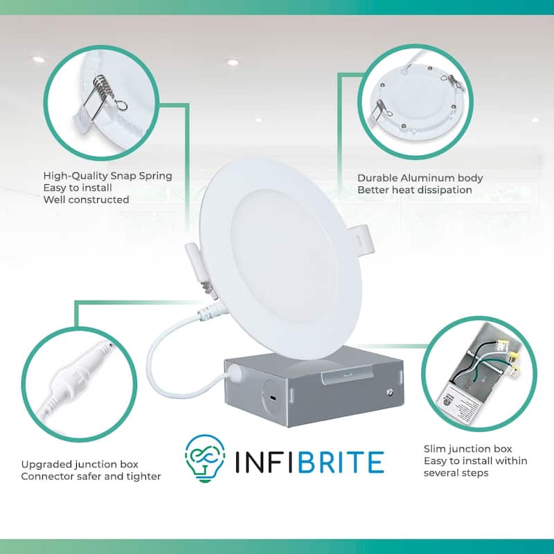 Infibrite 4 Inch 3000K/4000K/5000K Selectable 9W 750 LM Ultra-Slim LED Ceiling Light with Junction Box, Flush, Dimmable (6 Pack)