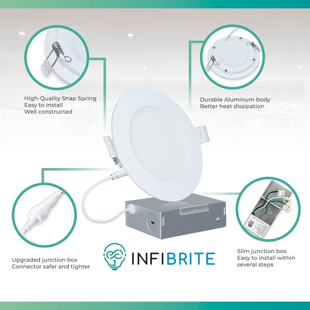 Infibrite 4 Inch 3000K Warm White 9W 750 LM Ultra-Slim LED Ceiling Light  with Junction Box, Flush Mount, Dimmable (12 Pack)